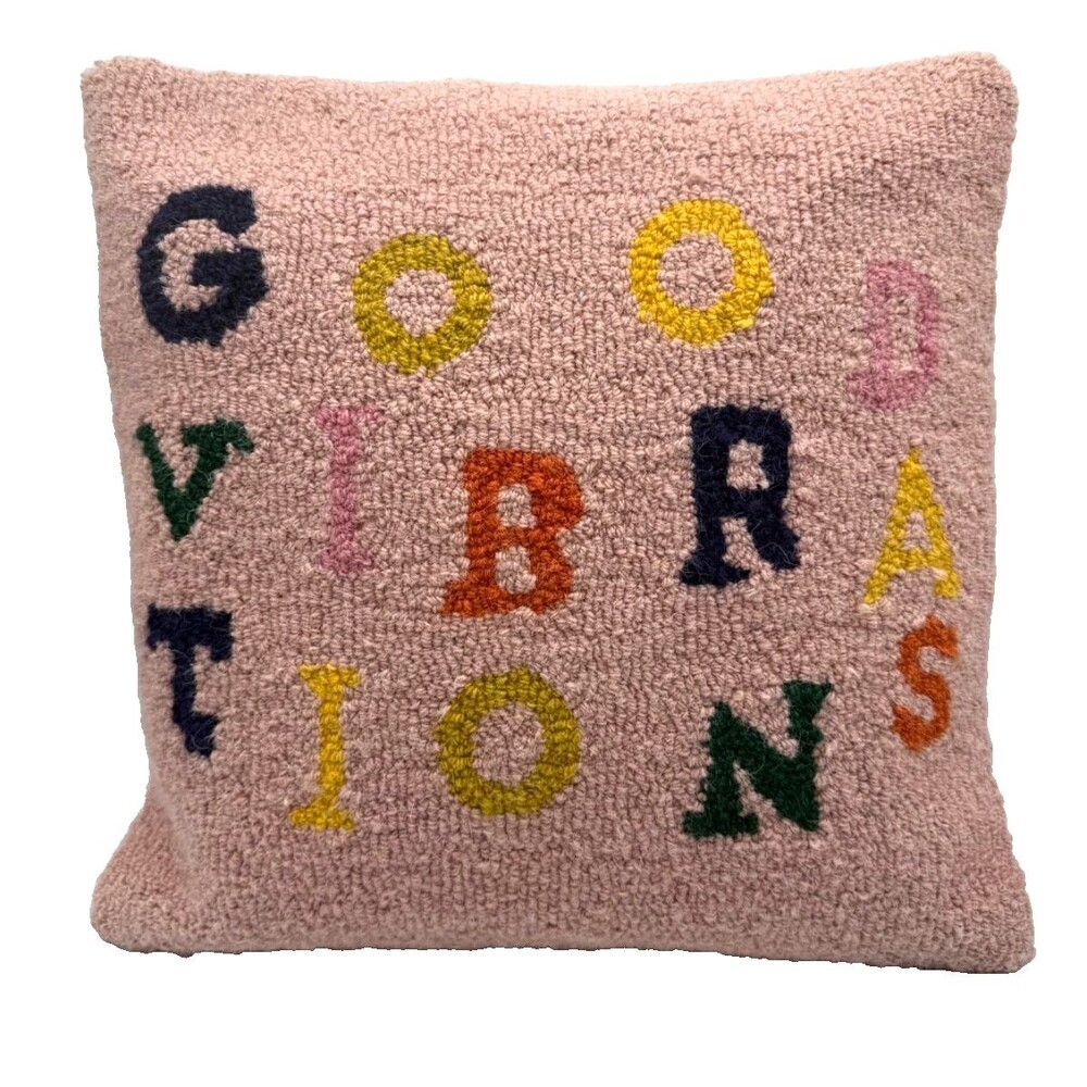 Pink Hooked Wool Pillow Cover Good Vibrations 18" Square - Picture 4 of 11
